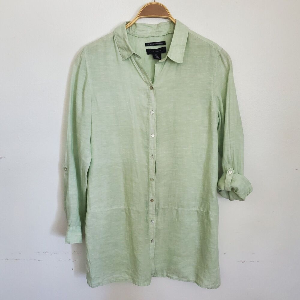 Tahari Pale Mint Button-Down Tunic Shirt